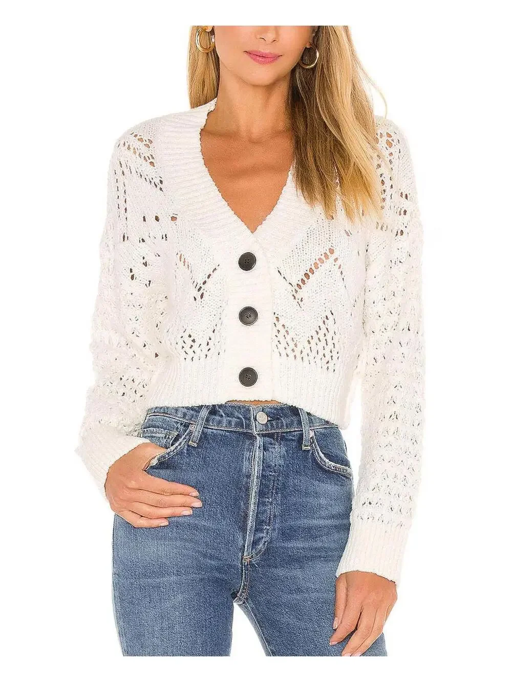 Free People Chloe Cardigan Size Small Cream/white Knit V-Neck 3 Button cropped